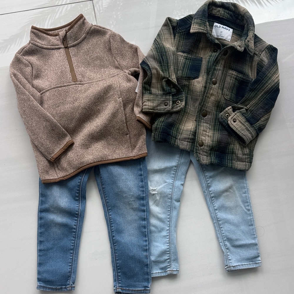 Old Navy Green Plaid Shacket & Brown Quarter-Zip Fleece Outfit